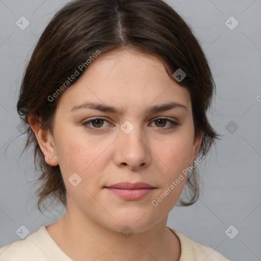 Neutral white young-adult female with medium  brown hair and brown eyes