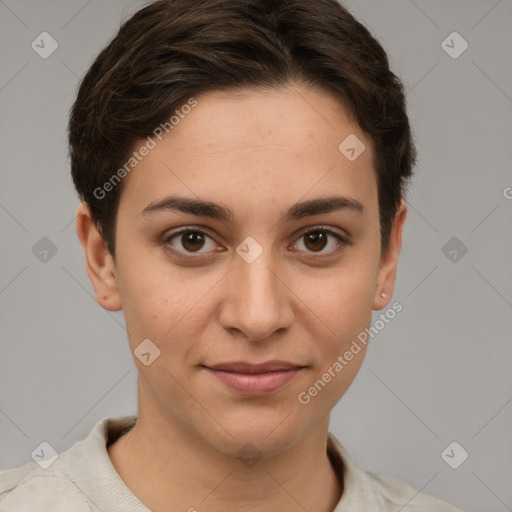 Joyful white young-adult female with short  brown hair and brown eyes