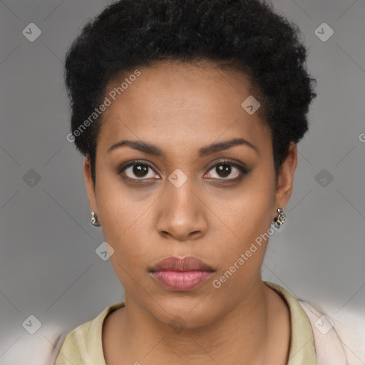 Neutral black young-adult female with short  black hair and brown eyes