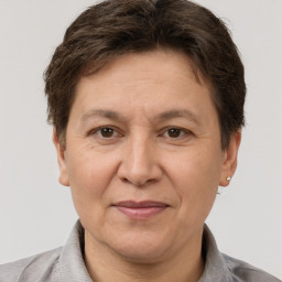 Joyful white adult female with short  brown hair and brown eyes