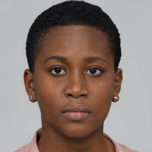 Neutral black young-adult female with short  brown hair and brown eyes