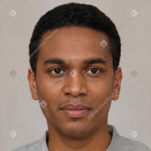 Neutral black young-adult male with short  black hair and brown eyes