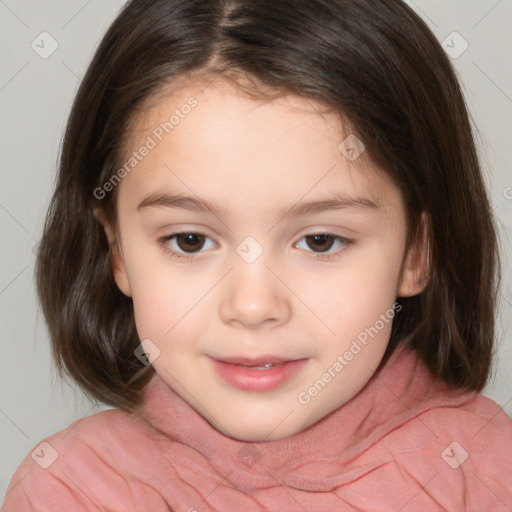 Joyful white child female with medium  brown hair and brown eyes