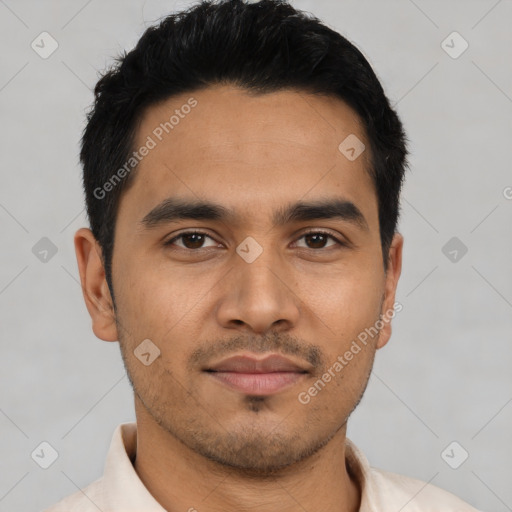 Neutral asian young-adult male with short  black hair and brown eyes