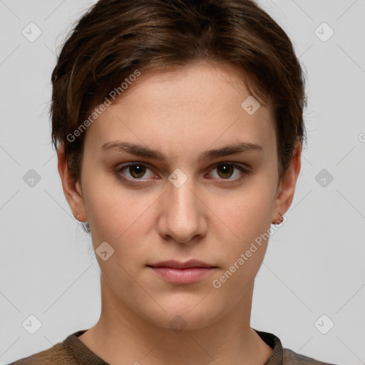 Neutral white young-adult female with short  brown hair and brown eyes