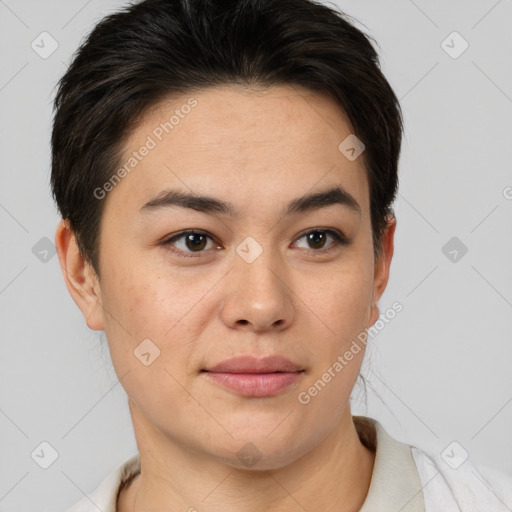 Joyful white young-adult female with short  brown hair and brown eyes