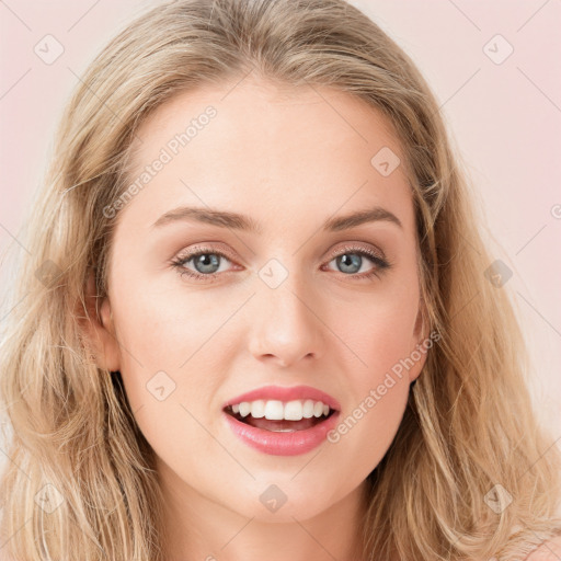 Joyful white young-adult female with long  brown hair and blue eyes