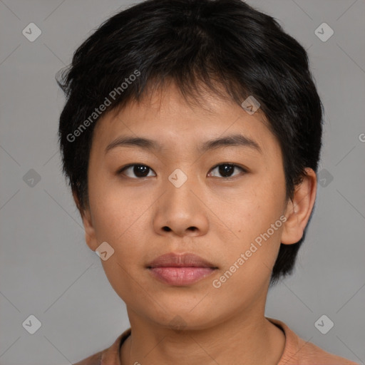 Neutral asian young-adult female with short  brown hair and brown eyes