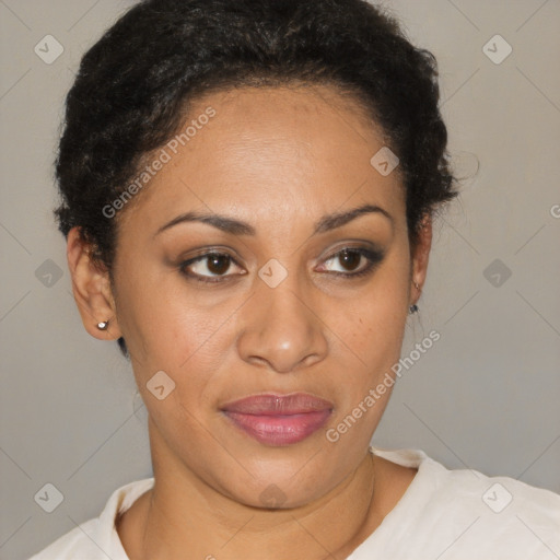 Joyful latino young-adult female with short  brown hair and brown eyes