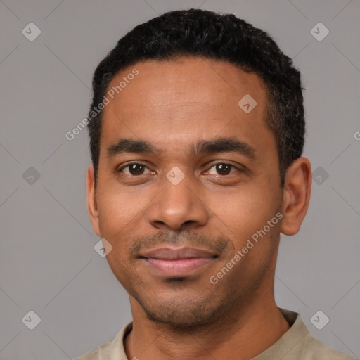 Neutral black young-adult male with short  black hair and brown eyes