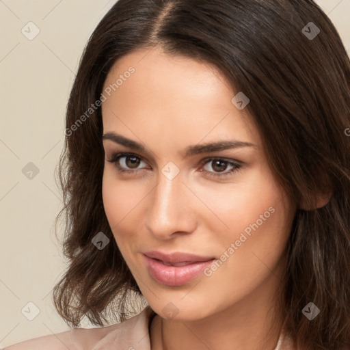 Neutral white young-adult female with long  brown hair and brown eyes