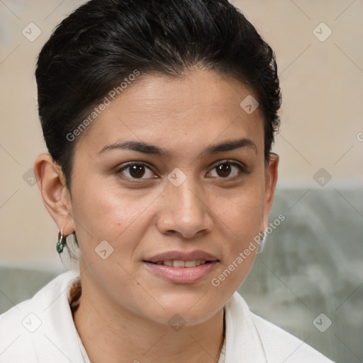 Joyful white young-adult female with short  brown hair and brown eyes