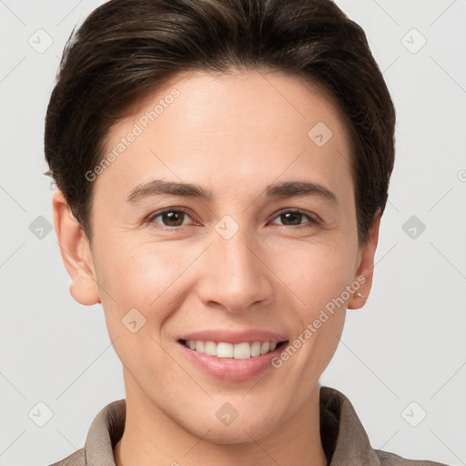 Joyful white young-adult female with short  brown hair and brown eyes