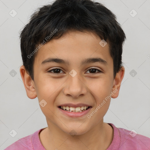 Joyful white child male with short  brown hair and brown eyes