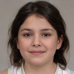 Joyful white child female with medium  brown hair and brown eyes