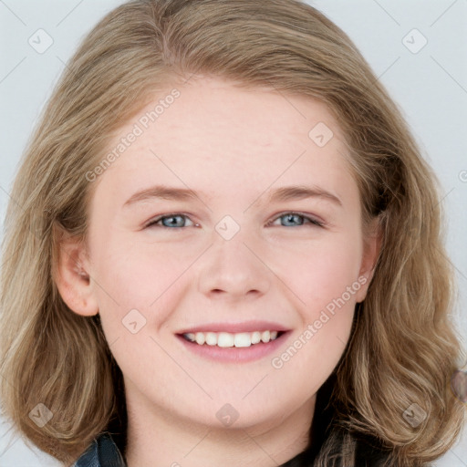 Joyful white young-adult female with long  brown hair and blue eyes