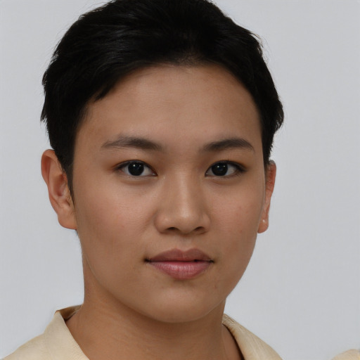 Neutral asian young-adult female with short  brown hair and brown eyes