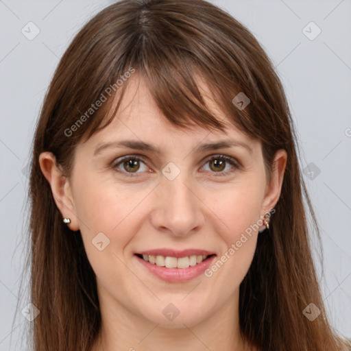 Joyful white young-adult female with long  brown hair and grey eyes