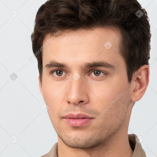 Neutral white young-adult male with short  brown hair and brown eyes