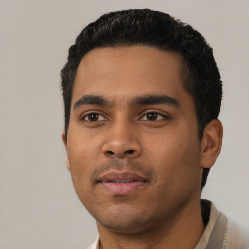 Neutral latino young-adult male with short  black hair and brown eyes