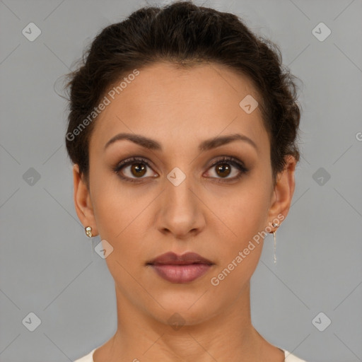 Neutral white young-adult female with short  brown hair and brown eyes