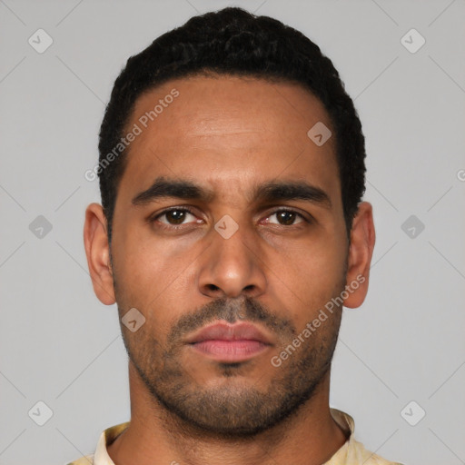 Neutral latino young-adult male with short  black hair and brown eyes