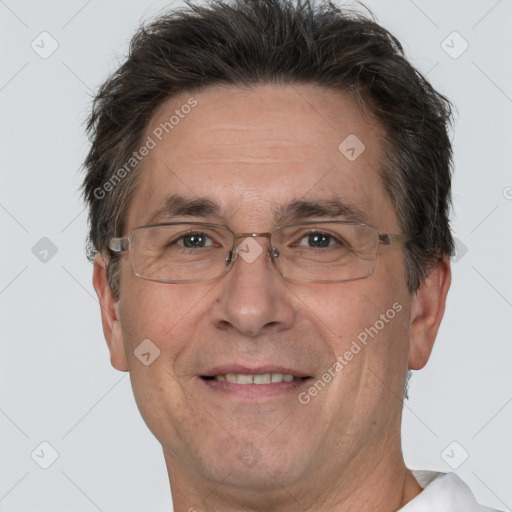 Joyful white middle-aged male with short  brown hair and brown eyes