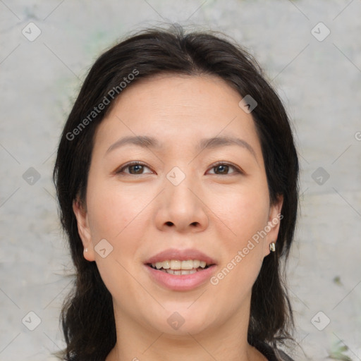 Joyful asian young-adult female with medium  brown hair and brown eyes