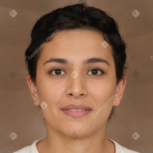 Joyful latino young-adult female with short  brown hair and brown eyes