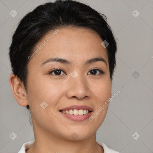 Joyful asian young-adult female with short  brown hair and brown eyes