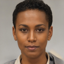 Neutral latino young-adult female with short  brown hair and brown eyes