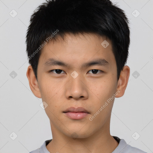 Neutral asian young-adult male with short  brown hair and brown eyes