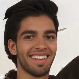 Joyful latino young-adult male with short  brown hair and brown eyes