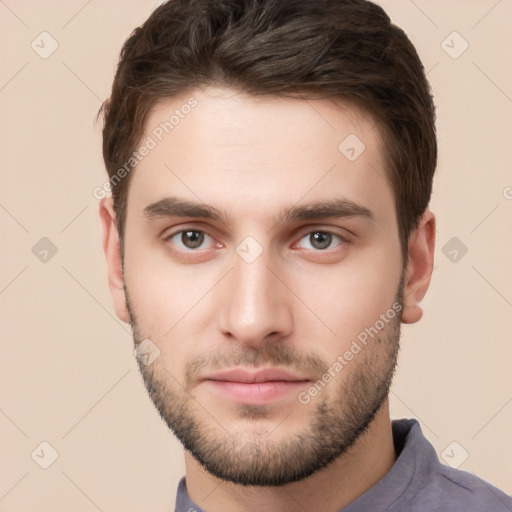 Neutral white young-adult male with short  brown hair and brown eyes