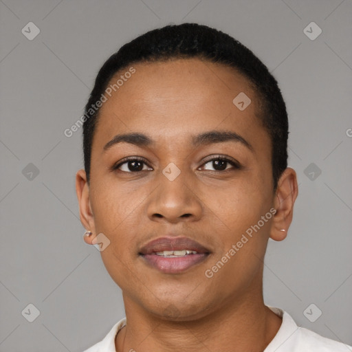 Joyful latino young-adult female with short  black hair and brown eyes