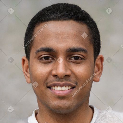 Joyful black young-adult male with short  black hair and brown eyes