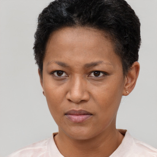 Joyful black adult female with short  black hair and brown eyes