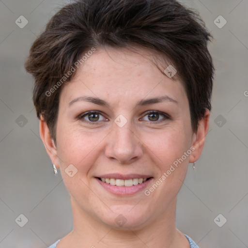 Joyful white young-adult female with short  brown hair and brown eyes