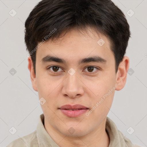 Joyful white young-adult male with short  brown hair and brown eyes