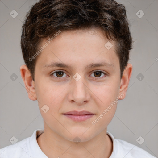 Joyful white child male with short  brown hair and brown eyes