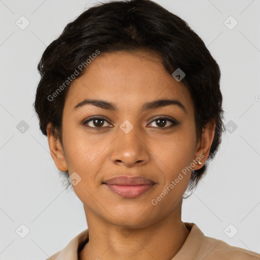 Joyful latino young-adult female with short  black hair and brown eyes