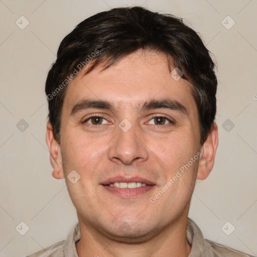 Joyful white young-adult male with short  brown hair and brown eyes