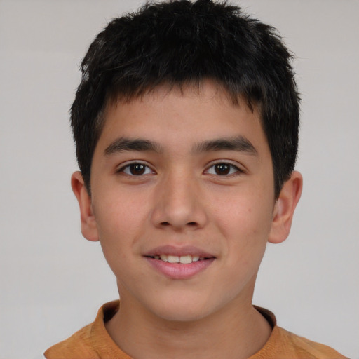 Joyful asian child male with short  brown hair and brown eyes