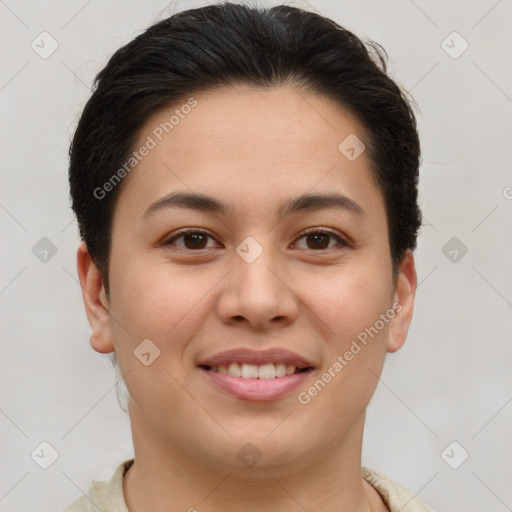 Joyful white young-adult female with short  brown hair and brown eyes