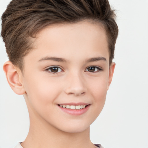 Joyful white child female with short  brown hair and brown eyes