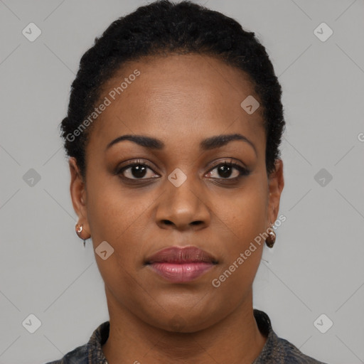 Neutral black young-adult female with short  black hair and brown eyes