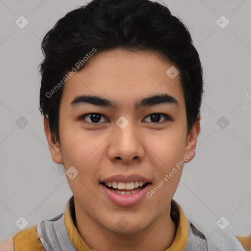 Joyful asian young-adult male with short  black hair and brown eyes