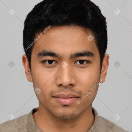 Neutral asian young-adult male with short  black hair and brown eyes