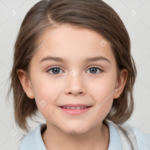 Joyful white child female with medium  brown hair and brown eyes