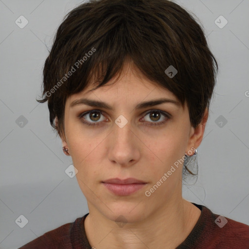 Neutral white young-adult female with medium  brown hair and brown eyes